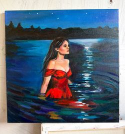 “Moonlit Waters”, original oil painting on canvas, 14 × 14 inches