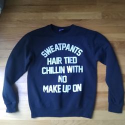 Ladies Black Sweatshirt Sweatpants Hair Tied Chilin With No Makeup On Size: Small 