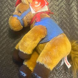 AURORA PLUSH 8" WESTERN PONY HORSE W/ RED COWBOY HAT, DENIM VEST & RED BANDANA