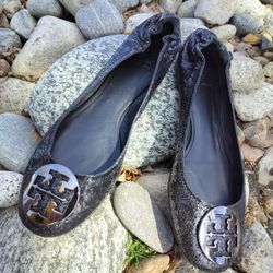 Tory Burch Reva Ballet Flats Black Glitter Sparkle Silver Logo Sz 11M MINT