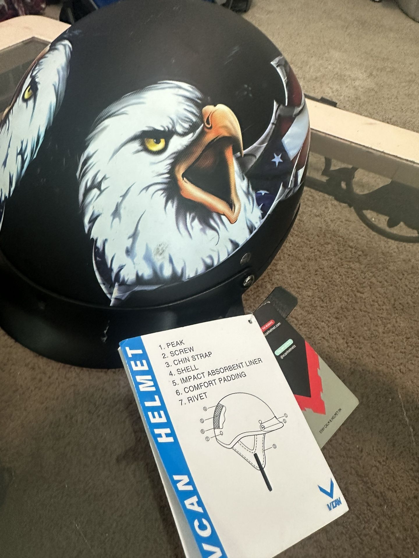 VCAN Cruiser Patriotic Eagle USA Graphics Motorcycle Half Helmet size small   This helmet is New however it’s missing 2 screws and have a few scratche