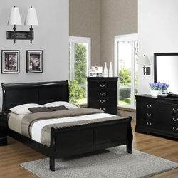 Brand New Black Queen Sleigh Bedframe + Dresser + Mirror + Nightstand 4PCs Bedroom Set