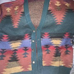 Vintage Structure Sz L Men’s 100% Wool Cardigan Sweater Aztec Southwest