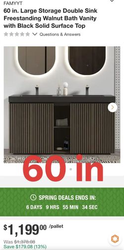60 in. Large Storage Double Sink Freestanding Walnut Bath Vanity with Black Solid Surface Top