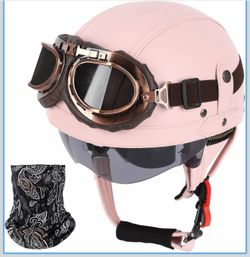 Pink Motorcycle Helmet, German Style Leather Half Helmet, DOT Approved Womens Motorcycle Helmet, Half Face Helmet with Goggles, for Moped Bike Cruiser