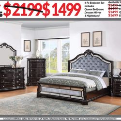 4pc Bedroom Set $1499 Queen $1699 Eastern King Includes bedframe Dresser mirror nightstand Brown Black Mirrored Bedroom Set
