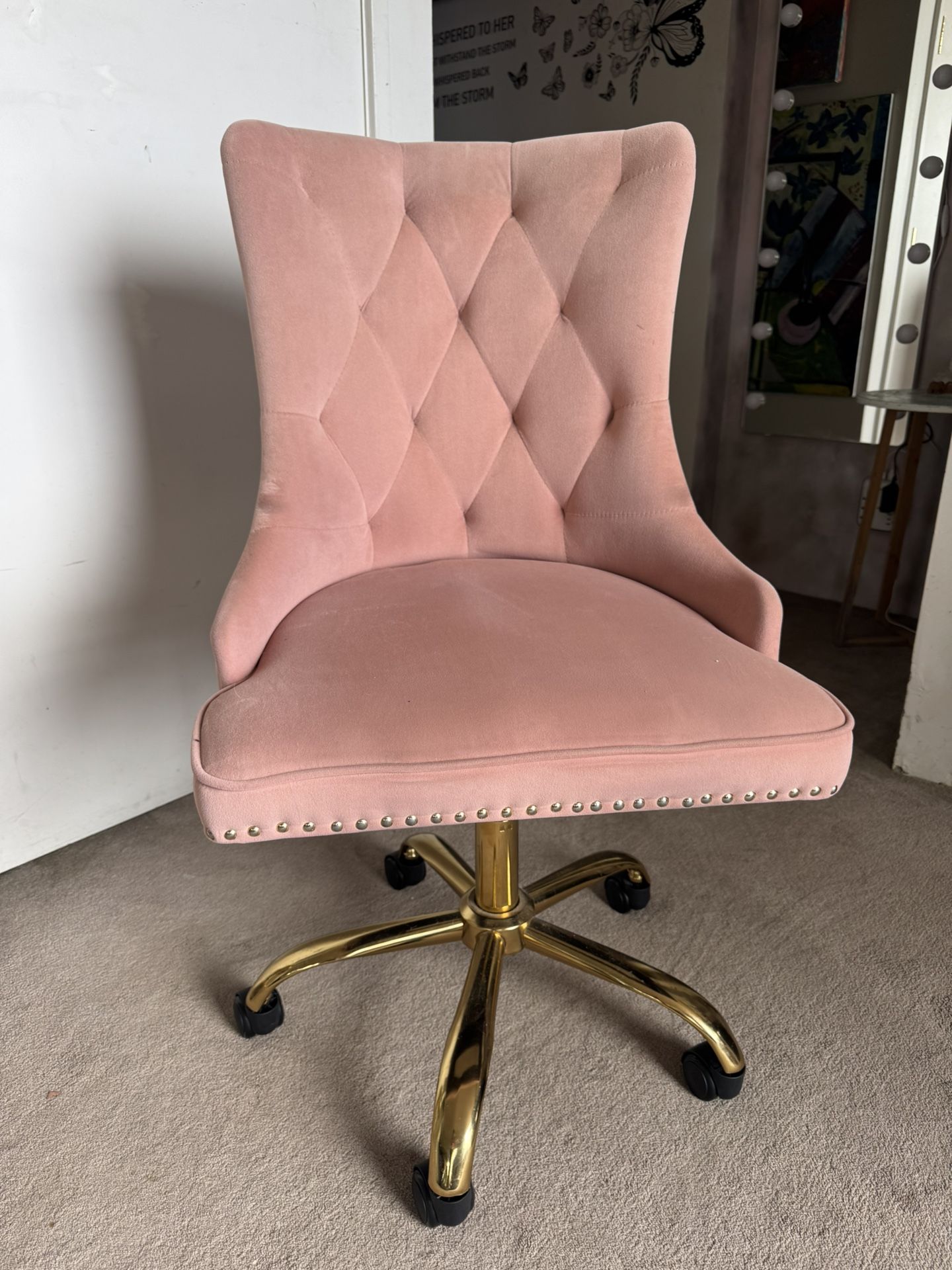 Blush Pink Velvet Office Chair — Gold Base, Glam Vibes