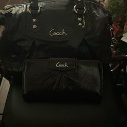 A Chocolate Brown Original Coach Purse With Matching Coach Wallet