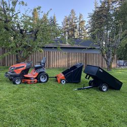 2018 Husqvarna TS 348XD Lawn Mower with Dump Trailer and Lawn Sweeper