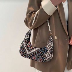 Fashion Faux Pearl Chain Strap Crescent Shoulder Bag, Straw Shoulder Bag With Bow Scarf Decor, Vacation Casual Beach Bag, Tote Handbag, Outdoor