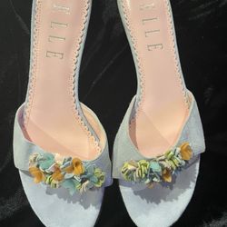 Elle Slip On Pastel Floral Embellishments Kitten Heels Light Blue 8M Shoes