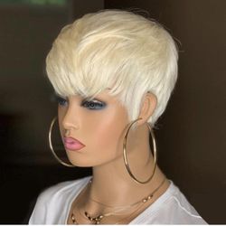 Human hair blend platinum blonde short pixie haircut wig