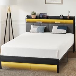 Rolanstar Twin Size Bed Frame with LED Lights, Upholstered Headboard, Charging Station, Storage Shelves, Heavy Duty Metal Slats, No Box Spring Needed,