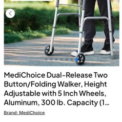 Button/Folding Walker, Height Adjustable with 5 Inch Wheels, Aluminum, 300 lb. Capacity