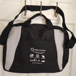 Duffle Tote Bag in all Black with Gray accents. 2 Handles. 
Adjustable shoulder strap, double zippers, front pocket. 
New conditions. 17" x 13"