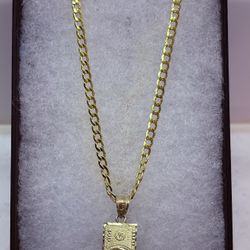 10K SOLID GOLD 100 DOLLAR BILL PENDANT WITH 10k SOLID CURB CUBAN LINK CHAIN