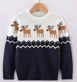 Children's Round Neck Christmas Reindeer Long Sleeve Sweater-Navy Blue (4-5)
