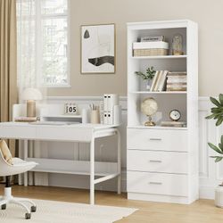 71" Tall Bookcases with 3 Large Drawers, 3 Tier Wooden Storage Bookshelf for Living Room Home Office , White