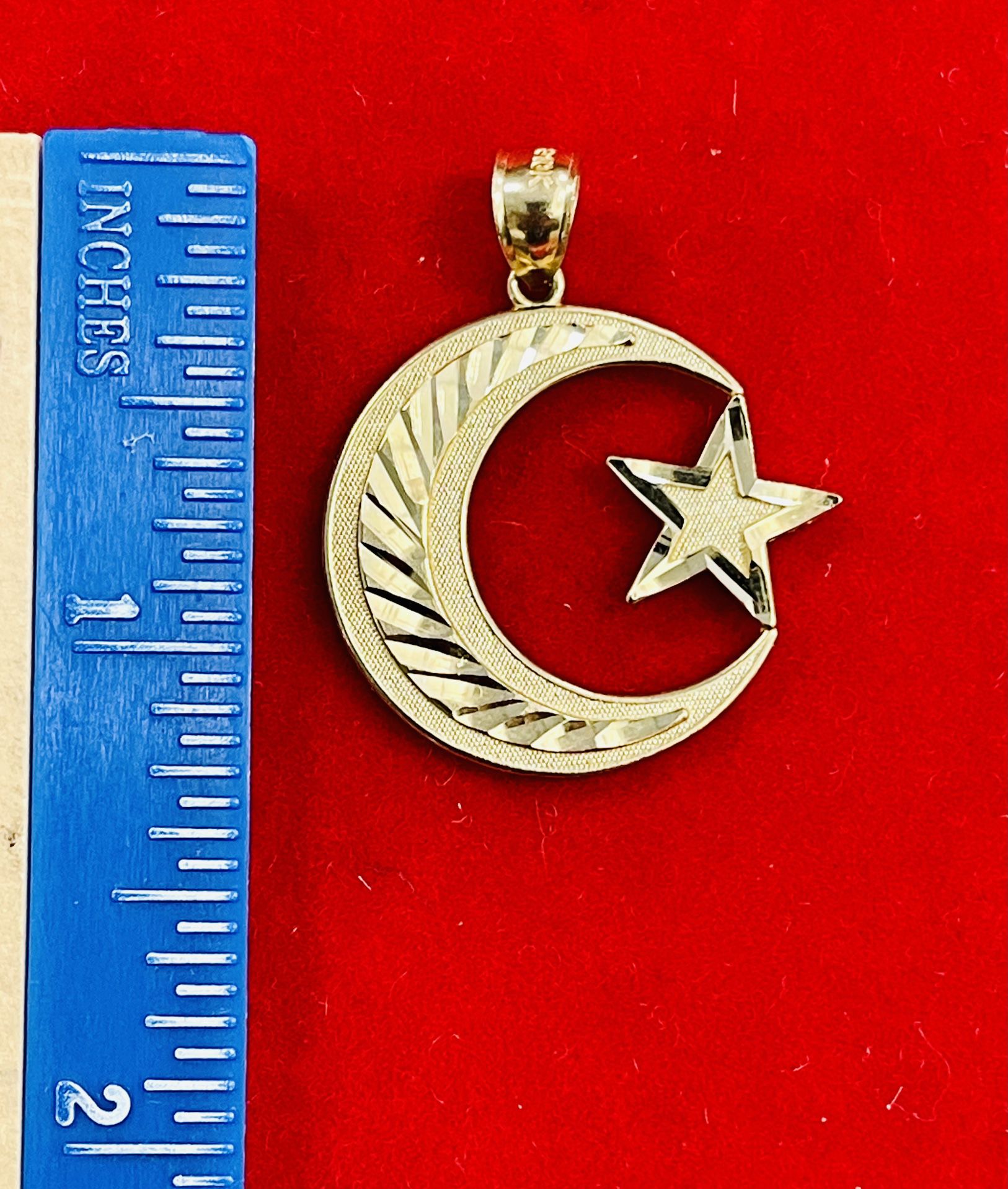 10K Solid Yellow Gold Crescent Moon Star Charm Pendent 