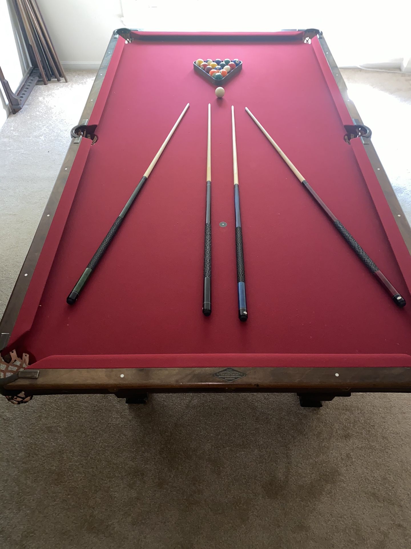 Antique 9 foot pool table -new felt, new bumpers, new leather pockets