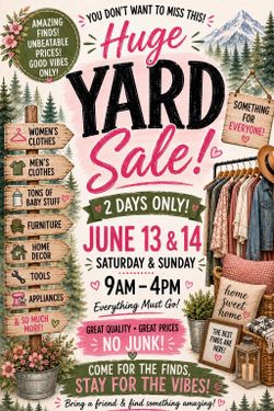 HUGE MULTI HOUSEHOLD YARD SALE 6/13-6/14 9AM-4PM