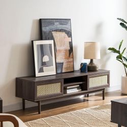 59" TV Stand, Modern Boho Farmhouse Entertainment Center, Natural Rattan TV Console, TV Stand with Storage, Media Console, for Living Room (Walnut)