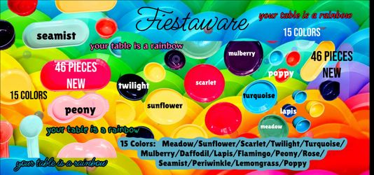 FIESTAWARE NEW 46 pieces/15 Colors/3Coupe Plates/3 bread trays/3 Pie Bakers/Pizza plate/3 LG.Oval platters/2 Gustos/Bistro/Fruit/Ramekins/Bouillons/He