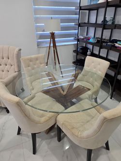 Modern Round Glass Dining Table – Architectural Interlocking Wood Base. 5 CHAIRS INCLUDED FOR FREE.