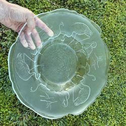 RARE Antique Art Deco MCM FLAMINGO Glass Bowl Centerpiece. Raised Flamingos, Birds & Bas Relief Water Base! Lalique Look.  Gorgeous & Like New.  