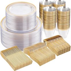 600pc Gold Trim Plastic Dinnerware Set for Party: 100 Dinner Plates, 100 Dessert Plates, 300 Cutlery