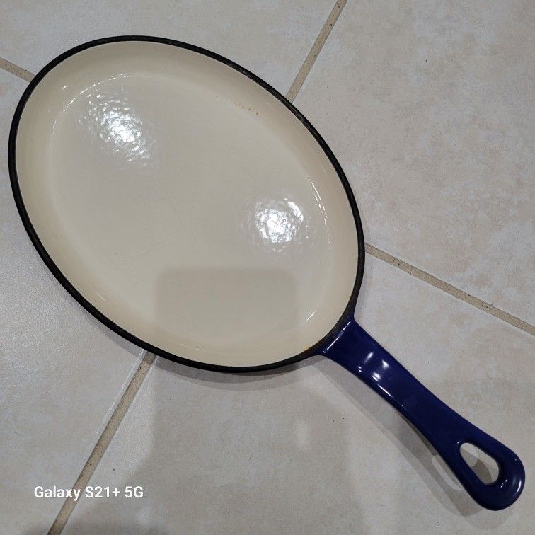 Rachel Ray Blue Enamel Cast Iron Fajita Pan Oval Skillet 7"x10"