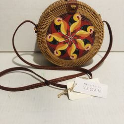Beautiful Hand Painted Rattan Round Purse 30 inches long