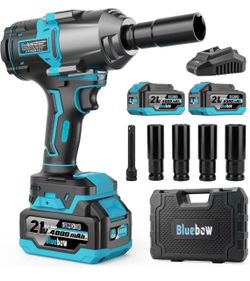Bluebow Cordless Impact Wrench, 737.5 ft-lbs (1000 N·m) Brushless Impact Wrench with 2x4.0Ah Battery, 1/2" 3-Speed Modes Impact Gun with 4 Sockets for