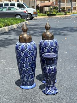 Beautiful Blue Decorative Ceramic Vase Set – 3 Pieces
