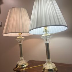 Beautiful Pair Of Column Style Gold tone And Glass Lamps