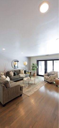 Long. Suede couch and little sofa chair