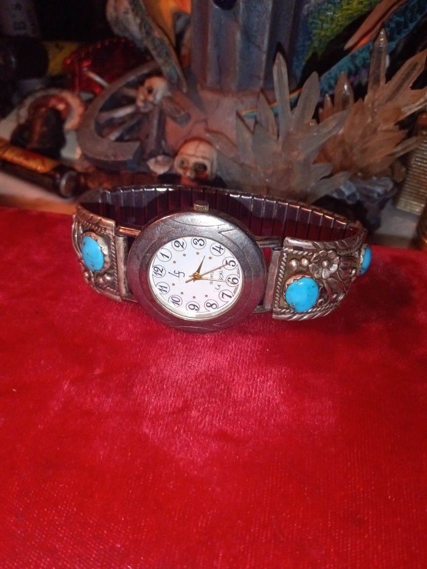 Vintage La Scala Sterling Silver Turquoise Watch Signed By Navajo.