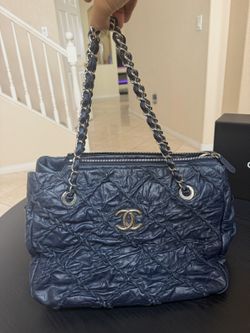 Chanel Navy Blue Quilted Leather Chain Tote Shoulder Bag CC Logo