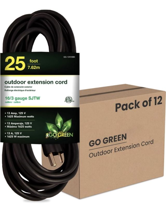 12 Pack, 25 ft. 16/3 SJTW GoGreen Outdoor Extension Cord, Black,(GG-13725BK-M), GoGreen Power Inc.