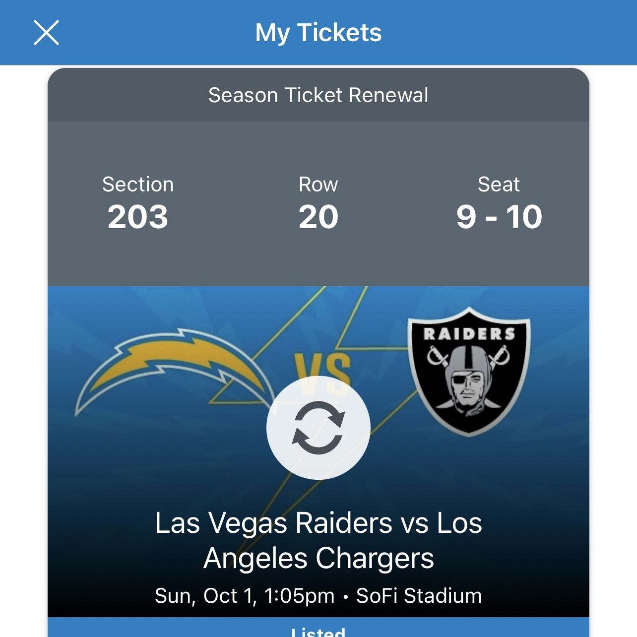 Raiders Vs Chargers Section 203 10/1/2023 for Sale in Downey, CA - OfferUp