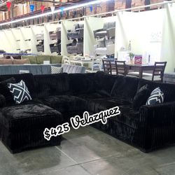✅️✅️ 4pc Black  corduroy fabric upholstered sectional sofa with ottoman ✅️✅️