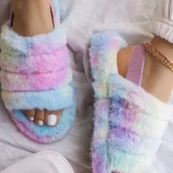 Tie Dye Rainbow Furry Slides