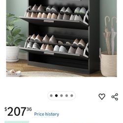 Shoe Storage Cabinet Slim Entryway Organizer with 2 Flip Drawers Tempered Glass Top Pulling Drawer LED Light Black