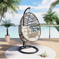 Outdoor Wicker Tear Drop Hanging Egg Chair Color Cushion Beige 
