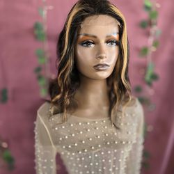 14" human hair wig  black with blonde chunky  highlights  4x4 lace front  natural  wave