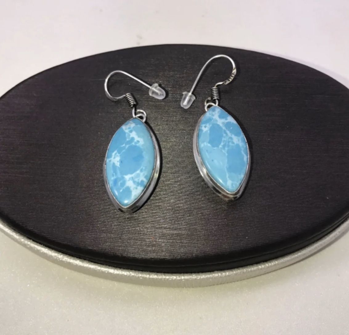 Natural lovely Larimar large diamond shaped stones & .925 stamped sterling silver dangle hook earrings NEW!