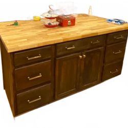Solid Wood Kitchen Island with Butcher Block Top and Storage Drawers