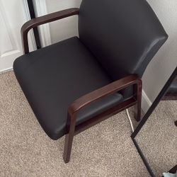 Guest/Office Accent Chair – Black Faux Leather, Wood Arms/Frame