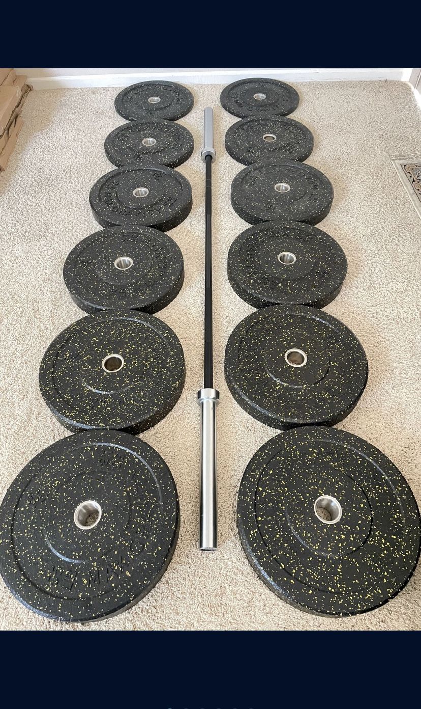 Full Set Bumper Plates + Zinch Olympic Barbell