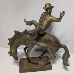 Vintage 19.5 Inch Brass Rodeo Cowboy on Bucking Horse Statue Western Collectible Decor